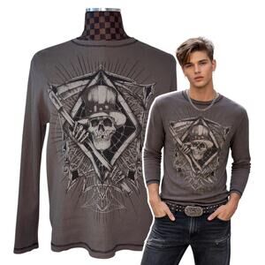 Y2K Tribal Skull Mens Thermal Shirt Size XL Gray Biker Goth Grunge Grim Reaper